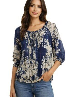 Express Women's Blouse Size XS Sheer Blue Floral Bohemian Flowy Spring Office